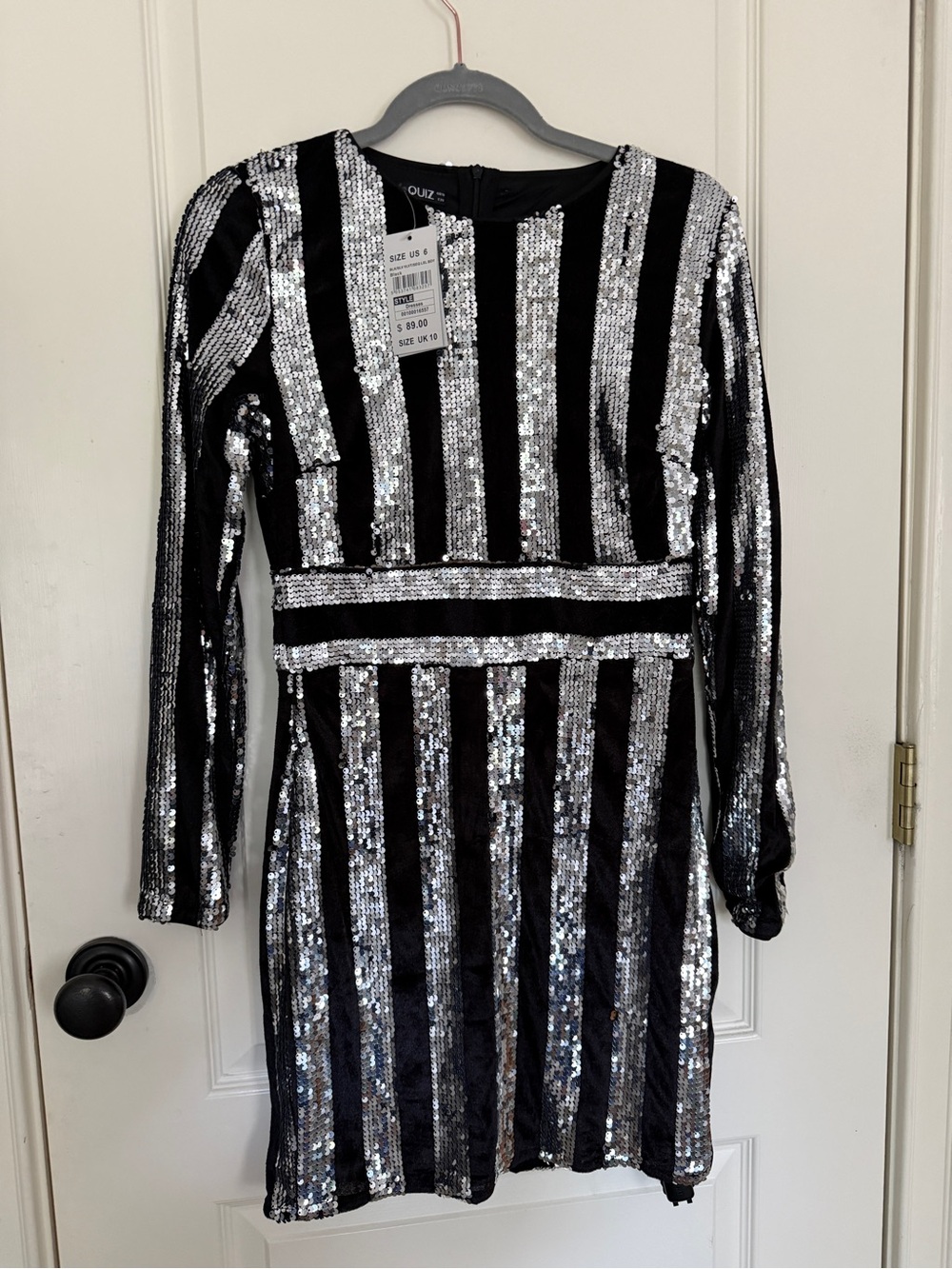 Sequin Stripe Long Sleeve Mini Dress - Black & Silver